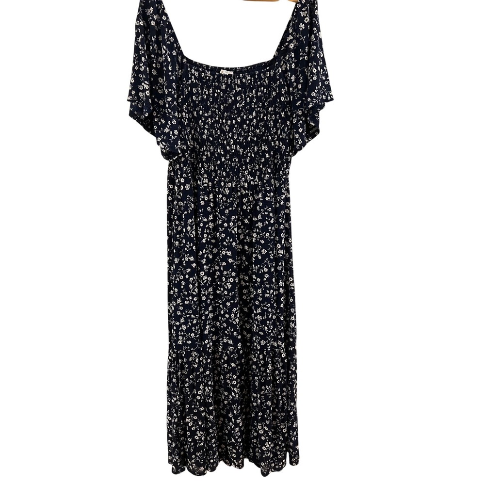 Sirenlily Petites Maxi Dress Women PXL Navy Blue Floral Smocked Flutter NEW